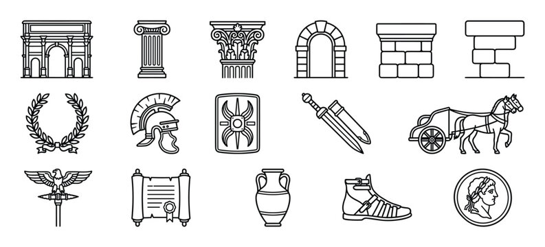 Collection of black outline icons representing various ancient Roman historical elements and artifacts, clean vector illustration