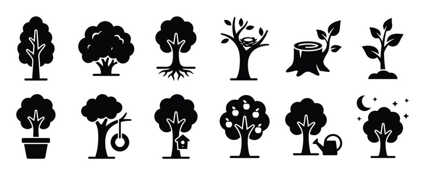 Various black silhouette tree icons including a tree with roots, a tree stump, a sapling, and an apple tree
