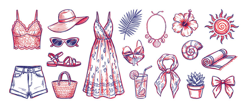 Various hand-drawn summer fashion items and beach accessories are arranged in a vibrant, artistic collection with red and blue outlines