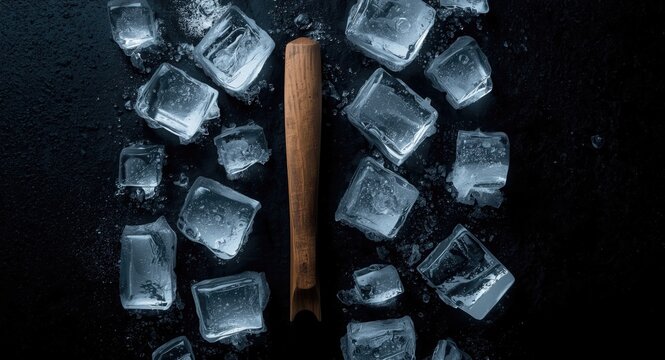Visual study of ice cubes with a wooden ice pick on a deep dark background focusing on ice sharpness and texture