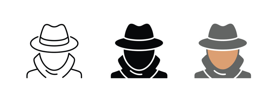 Spy, detective and secret agent icon collection illustrating anonymous avatar, incognito hacker, mafia criminal, thief silhouette, and unknown person vector design for security and mystery concepts.