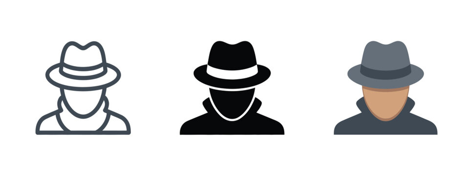 Spy, agent icon featuring detective sign, anonymous person avatar, mafia criminal man with coat and hat, secret hacker silhouette, unknown person, thief pictogram, and incognito concept in vector 
