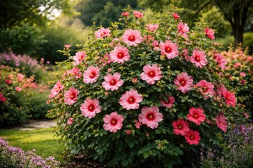 Obraz premium Hamabo Rose of Sharon Shrub Blooming in Lush Garden Setting
