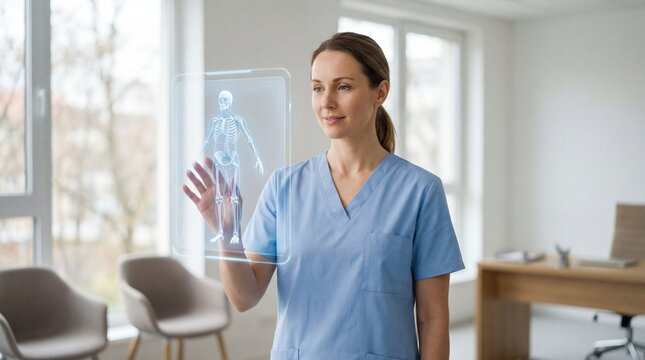 Female Doctor Controls Holographic AI Interface