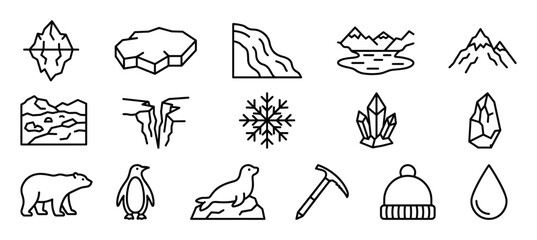 Fototapeta premium Collection of black outline icons representing various arctic and natural elements, including animals, landscapes, and weather