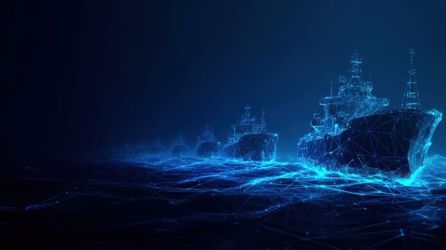 An abstract representation of naval vessels navigating a vast ocean, rendered in glowing blue light. ..Created with Generative AI, not depicting real subjects.