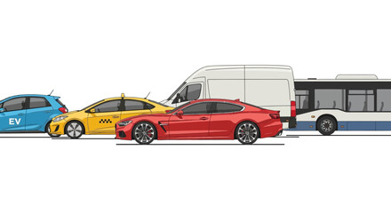 Fototapeta premium Variety of vehicles illustrated cars bus and van on white background