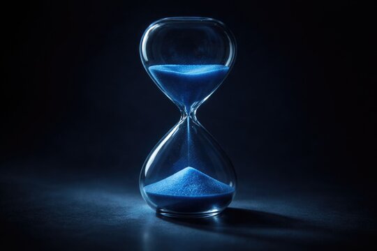 Dark background with a blue sand timer and subtle shadow effects