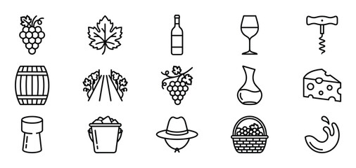 Fototapeta premium Collection of fifteen black outline icons representing various elements of wine production and consumption, presented in a clean, minimalist style