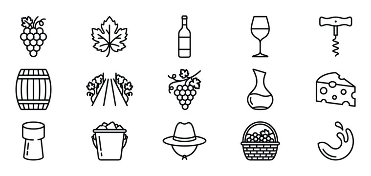 Collection of fifteen black outline icons representing various elements of wine production and consumption, presented in a clean, minimalist style