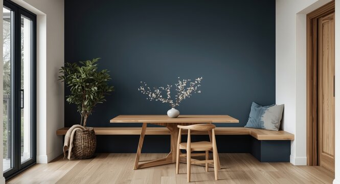 Inviting kitchen nook with a deep blue feature wall and natural wood accents