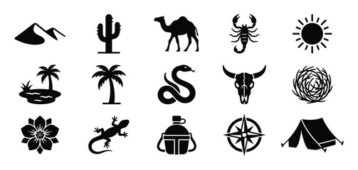 Fototapeta premium Collection of fifteen black desert-themed icons, including a camel, cactus, scorpion, sun, and tent, arranged neatly