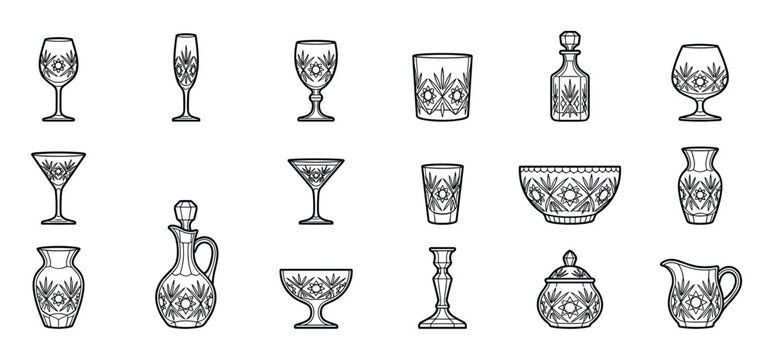 Collection of black outline crystal glassware icons, including various drinking glasses, decanters, bowls, and vases, presented with intricate patterns