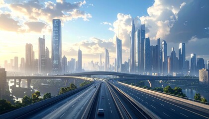 Fototapeta premium Futuristic Cityscape with Highway and Modern Architecture under a Cloudy Sky.