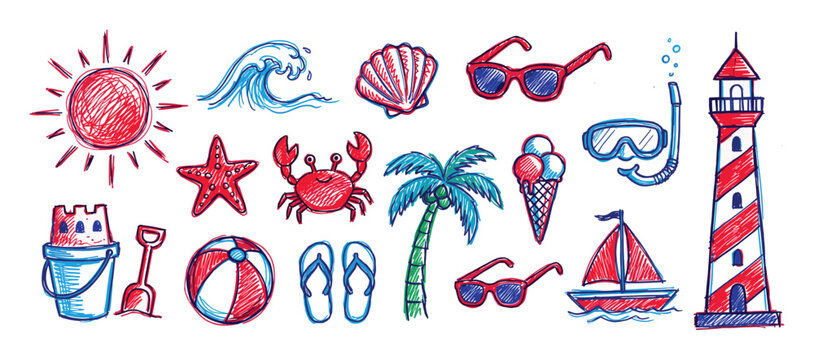 Vibrant collection of hand-drawn summer vacation doodles, including sun, waves, seashell, sunglasses, and beach items, rendered in a playful sketch style