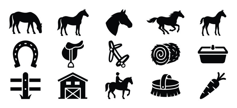 Collection of black silhouette icons representing various horses and equestrian-related items in a clean, graphic style