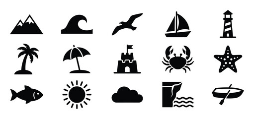 Fototapeta premium Collection of fifteen black silhouette icons representing various summer vacation and nature elements, presented in a clean, graphic style