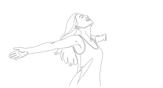 Woman with arms outstretched, head back, line drawing of freedom and joy