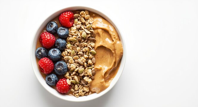 Balanced granola bowl with berries hemp seeds maca powder and creamy peanut butter on white surface
