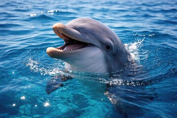 Fototapeta premium Happy bottlenose dolphin surfacing for breath in clear blue ocean