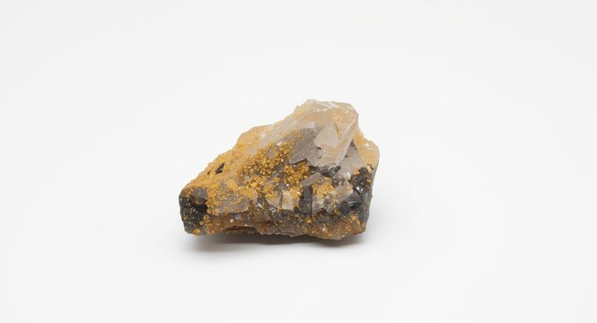 Isolated Calcite and Sphalerite mineral cluster on a smooth white background