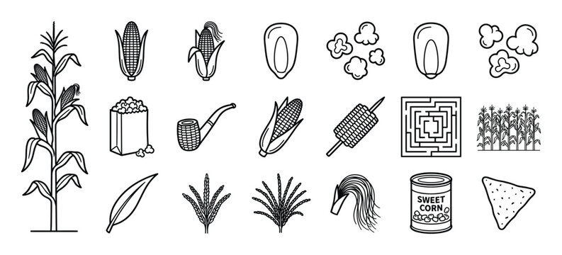 Comprehensive collection of black and white corn-related icons showcasing various forms and products of maize