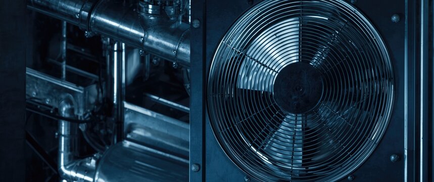 Industrial HVAC ventilation with metal air vent and spinning fan background