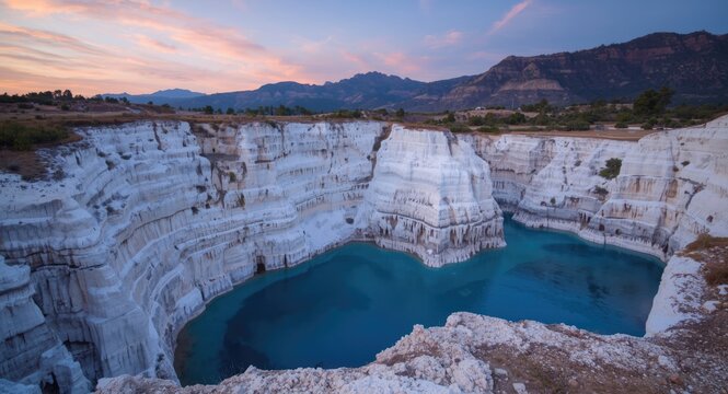 White calcite cliffs rise above blue pools in a picturesque mountain setting