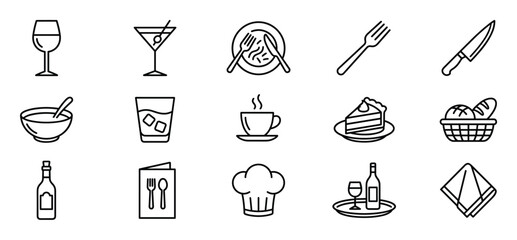 Fototapeta premium Collection of black outline restaurant and food icons including drinks, dishes, and kitchenware, presented clearly