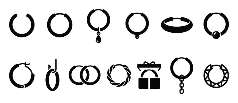 Collection of various black hoop earrings icons, showcasing different styles and designs for jewelry
