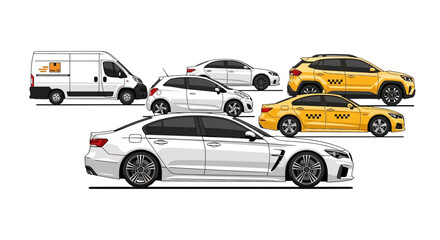 Naklejka premium Variety of vehicles passenger cars van and taxi illustrations