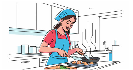 Cooking dinner smells fill kitchen while family meal is prepared at home, flat cartoon style image