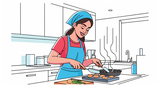 Cooking dinner smells fill kitchen while family meal is prepared at home, flat cartoon style image