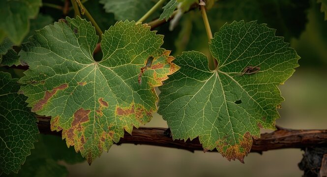 Macro imagery of grapevine leaves suffering pest harm highlighting vineyard care