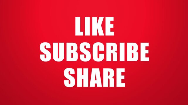 Like subscribe and share text animation on red background, clean bold white typography with soft drop shadow for youtube call to action ending design