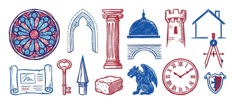 Collection of hand-drawn medieval and architectural elements, including a rose window, arch, column, tower, and gargoyle, in a sketch style