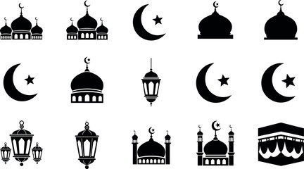 Fototapeta premium Islamic symbols silhouette set featuring mosque domes, crescent moon star, Ramadan lantern and Kaaba icon collection, minimalist vector illustration for religious celebration design concept