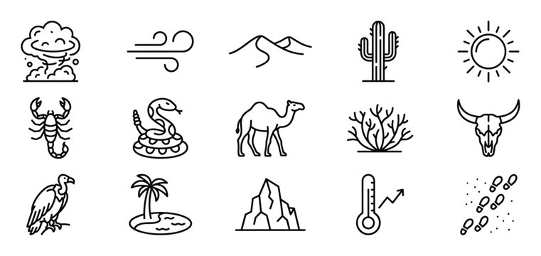 Collection of fifteen desert-themed outline icons, including animals, plants, and environmental elements, presented in a clean, minimalist style