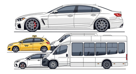 Obraz premium Variety of white cars and yellow taxi side view illustrations