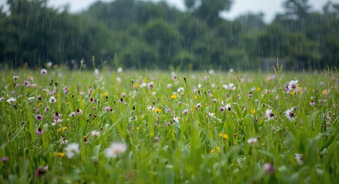 Lush summer field adorned with multiple Ratchaphruek blooms after rainfall