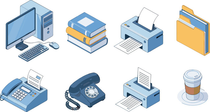 Office equipment isometric icon set including computer, printer, books, folders and telephone, modern workplace vector illustrations isolated on white background for business design