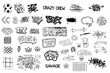 Collection of black and white hand drawn graffiti elements and urban sketches © Barsha