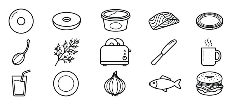 Collection of black outline icons depicting various breakfast and food items, including bagels, salmon, and kitchen tools