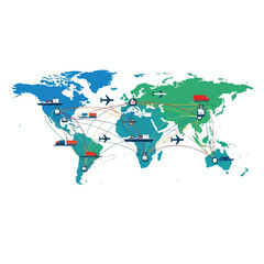 Naklejka premium Global trade routes visualized with transport icons and continents