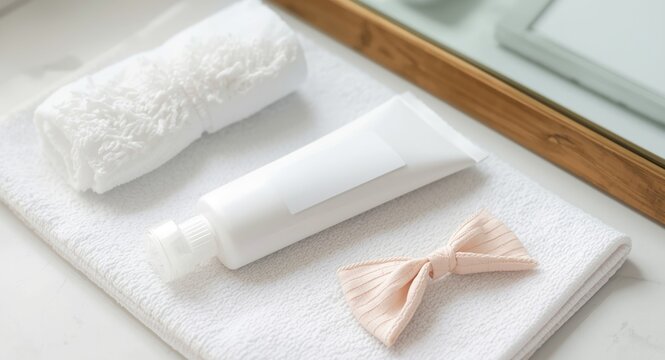 Towel surface with empty label tube cotton pads hair tie and mirror in close proximity