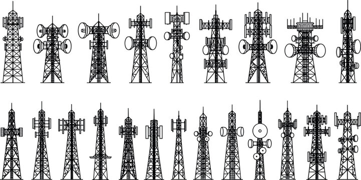 Set of telecommunications tower silhouettes with antenna dishes and signal equipment isolated on light background flat vector illustration for network technology and communication infrastructure 
