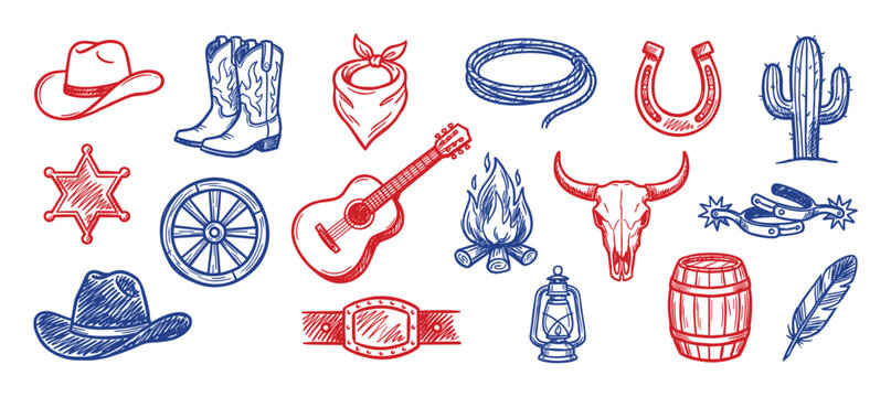 Various hand-drawn red and blue cowboy and western elements are arranged in a dynamic pattern, featuring hats, boots, and a guitar
