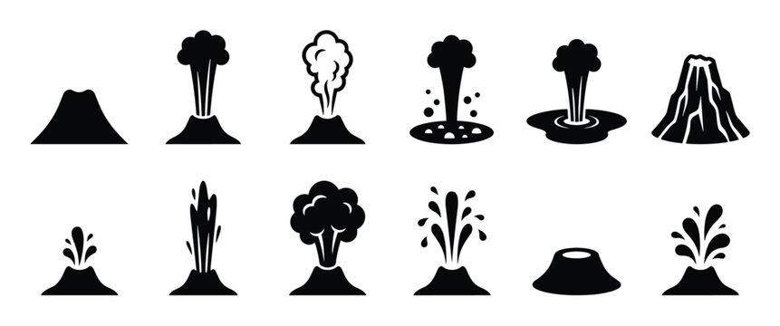 Various black volcano and geyser icons illustrate different stages of eruption and natural formations in a clean, graphic style