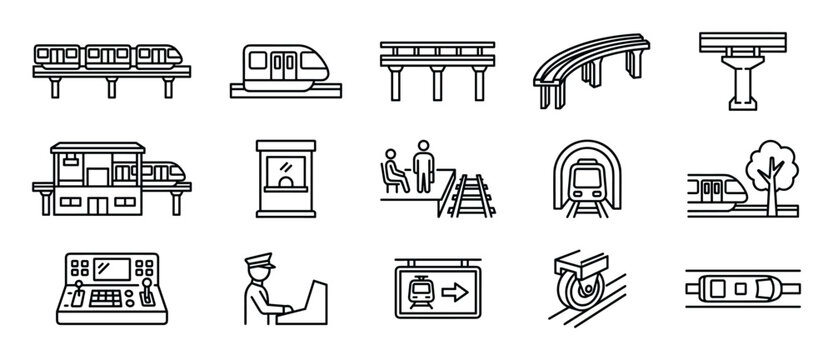 Comprehensive collection of fifteen outline icons representing various aspects of monorail and subway transportation systems