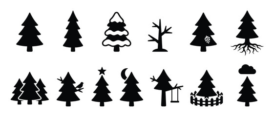 Obraz premium Collection of various black silhouette tree icons, including pine trees, bare trees, and decorative elements, presented in a simple graphic style
